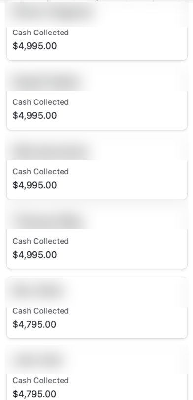 List of high-ticket buyers each paying $4,795 to $4,995 cash collected